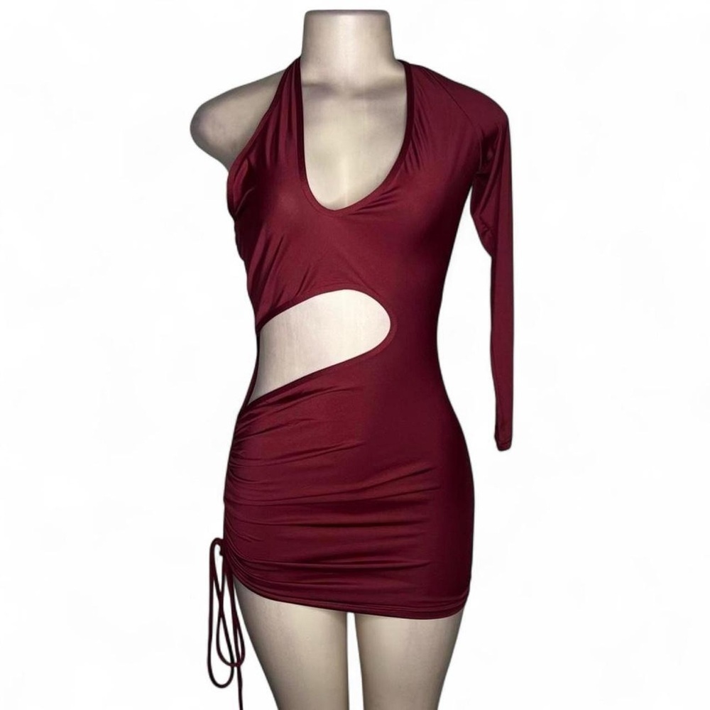 Burgundy One-Shoulder Cutout Dress